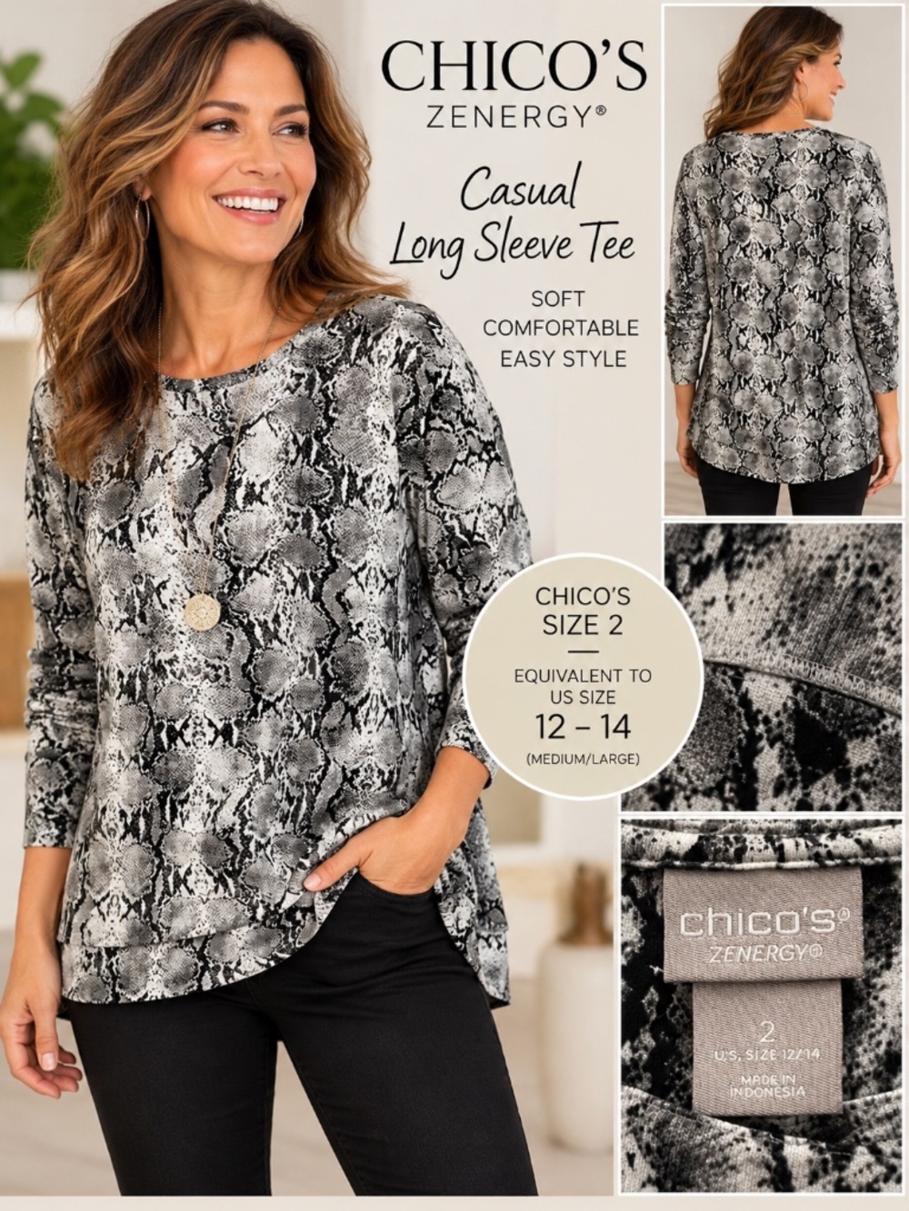 Chico’s Zenergy Snake Print Long Sleeve Top | Size 2 / 12–14